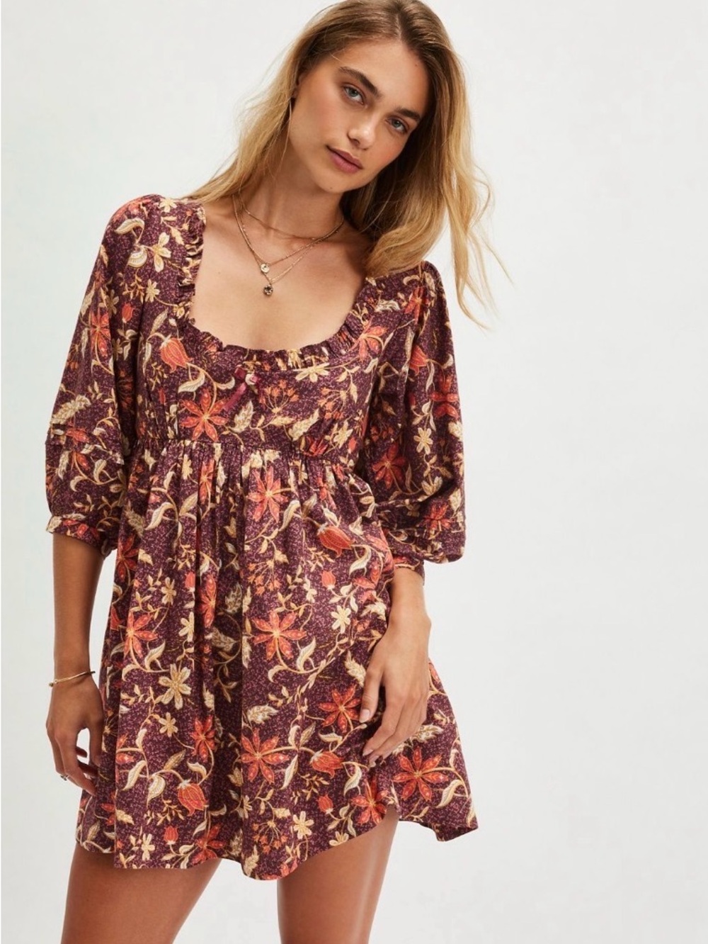 Free People Floral Square-Neck Mini Dress